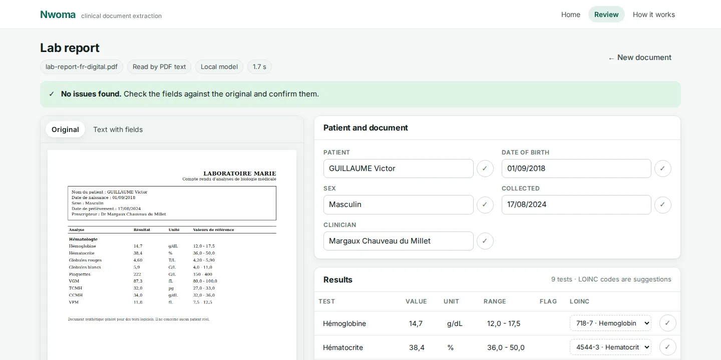 The Nwoma review screen: a French lab report on the left, the extracted patient fields and coded test results on the right